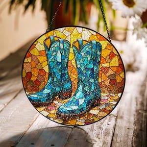 Stained Glass Cowboy Boots Suncatcher Unique Gift for Cowgirl or Cowboy Home Decor