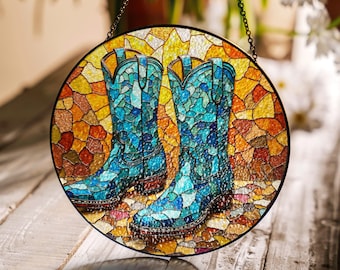 Stained Glass Cowboy Boots Suncatcher Unique Gift for Cowgirl or Cowboy Home Decor