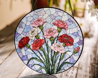 ステンドグラスのカーネーションサンキャッチャー：手作りの花柄