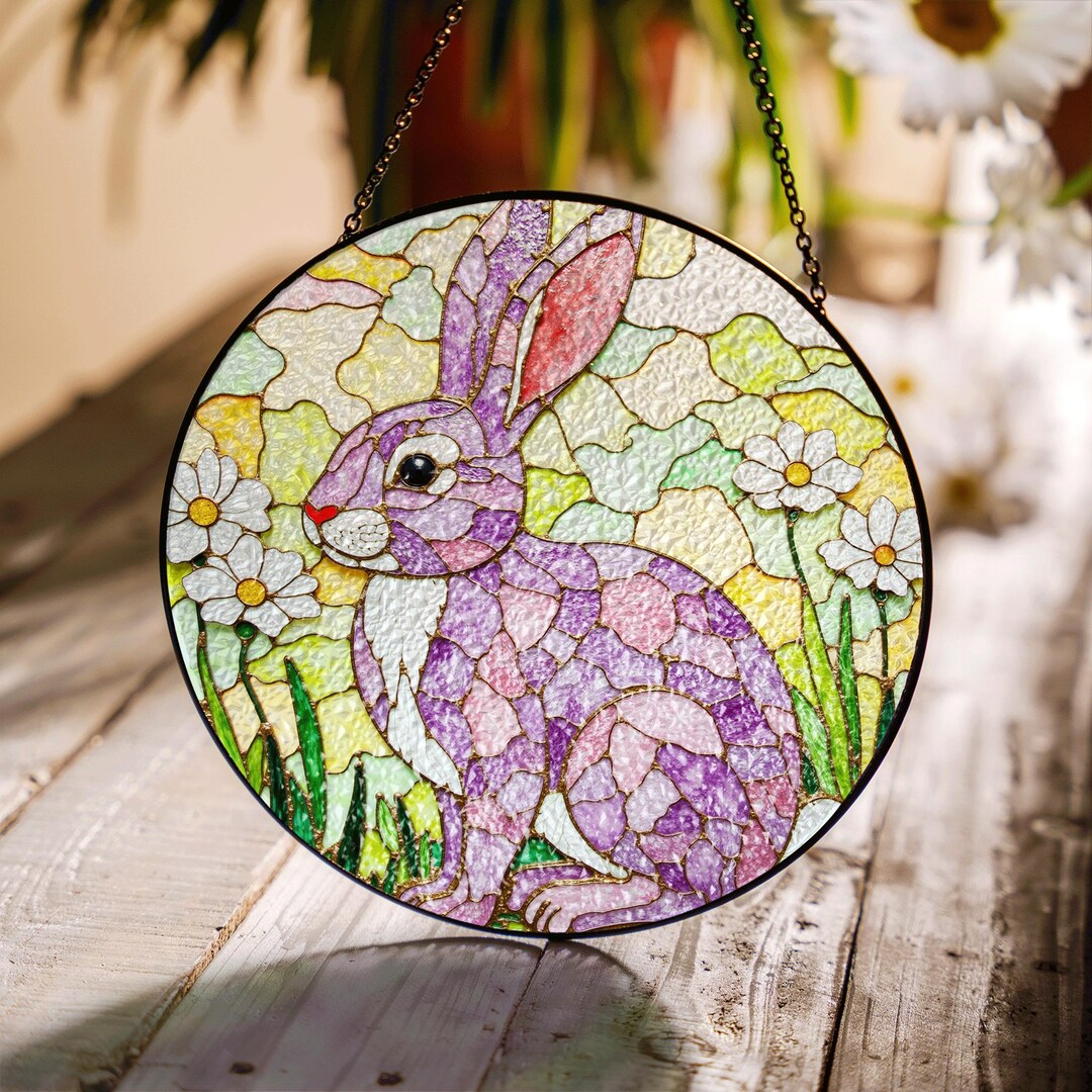 Stained Glass Rabbit Suncatcher With Flowers Perfect Gift for Nature ...