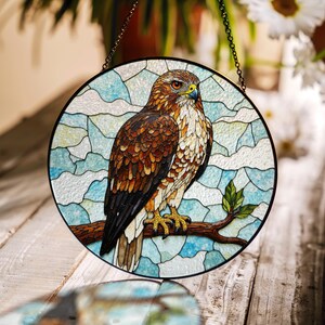 Stained glass hawk perched on branch round suncatcher window decor gift for bird lover