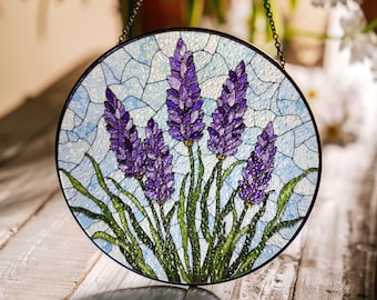 Lavender Stained Glass Suncatcher Handmade Glass Art Flower Window Hanging Gift for Her