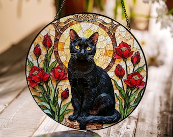 Black Cat Stained Glass Suncatcher with Red Flowers Perfect Gift for Cat Lovers Home Decor