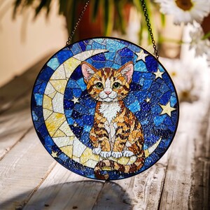 Glasmalerei-Katze-Mond-Sterne Suncatcher-Fenster-hängendes Geschenk für Katzenliebhaber
