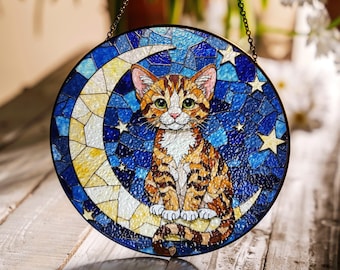 Stained Glass Cat Moon Stars Suncatcher Window Hanging Gift for Cat Lovers