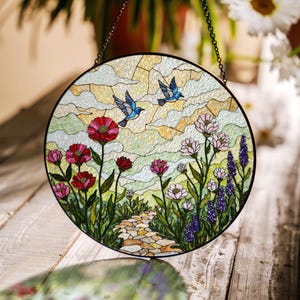 Hummingbirds and Wildflowers Stained Glass Suncatcher Window Hanging Gift for Moms Garden Lovers