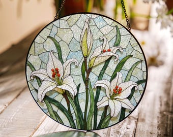 Weiße Lilie Blume Glasmalerei Runde Tafel Garten Suncatcher Geschenk für Mama oder Oma
