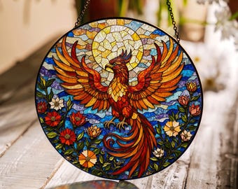 Vibrant Phoenix Art Suncatcher Round Window Decor Fantasy Gift for Bird Lovers