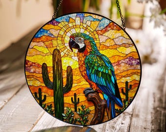 Vibrant Parrot Sunset Suncatcher Round Stained Glass Window Art Gift for Bird Lovers and Nature Enthusiasts
