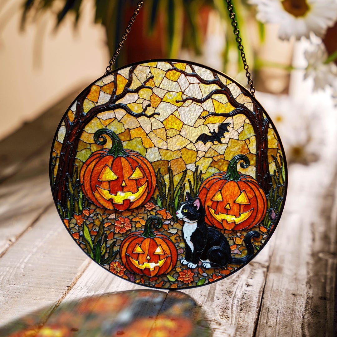 Suncatcher Stained Glass Black Cat With Pumpkins Halloween Gift for Mom ...