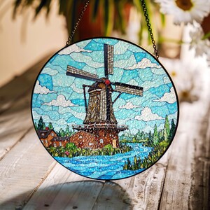 Stained Glass Windmill Suncatcher Handcrafted Window Art Gift for Home Decor