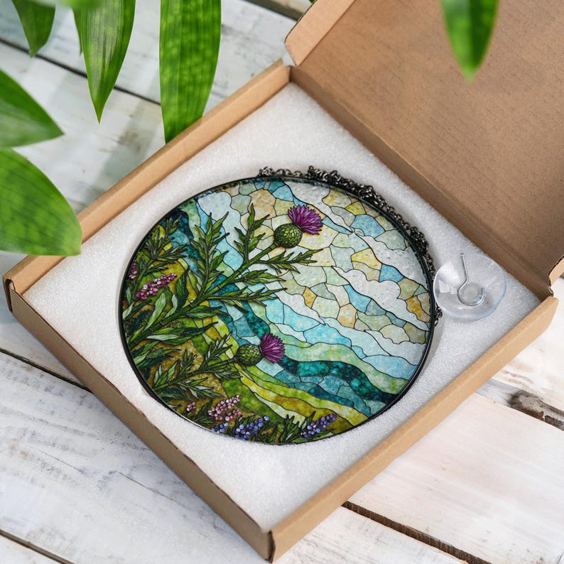 A stained glass piece in a cardboard box, featuring a vibrant landscape with a purple flower and green foliage.