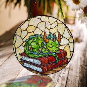 Sleeping Dragon Stained Glass Suncatcher Fantasy Window Decor Gift for Book Lovers