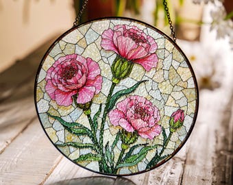 Atrapasueños de vitral con clavel rosa, decoración floral para ventana, regalo para madre o amigas
