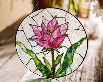 Pink lotus flower stained glass round suncatcher window hanging gift for mom or nature lover
