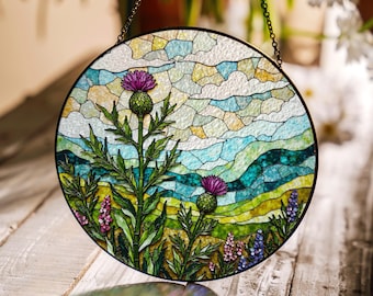 Purple thistle mountain field suncatcher window hanging gift for nature lover Scottish flower decor