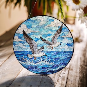 Seagulls in Flight Stained Glass Suncatcher Window Decor Ocean Gift for Bird Lovers