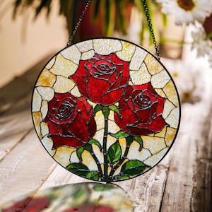 Three Red Roses Stained Glass Round Suncatcher Window Hanging Gift for Mother or Loved One