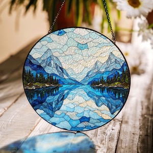 Suncatcher stained glass mountain lake landscape gift for mom Christmas gift