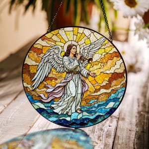 Angel with trumpet stained glass suncatcher spiritual window hanging Christian gift for Christmas or faith lover