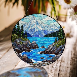 Mountain River View Nature Suncatcher Glass Window Hanging Gift for Nature Lover