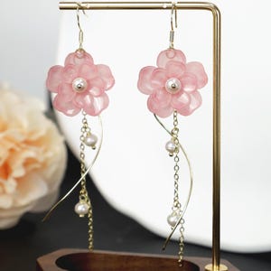 Pink Cherry blossom Earrings, Handmade Pearl Flower Dangle Earrings, Wedding Gift, Birthday