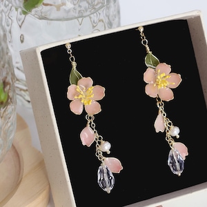 Pink Cherry Blossom Earrings, Handmade Resin Flower Dangle Earrings, Unique Gifts for Her