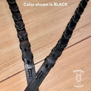 English Laced Reins: Custom; Hand-Stitched; Double Stitched; Highest Quality English-Bridle Leather; Stainless Steel Rein Hooks; Buckle Bit