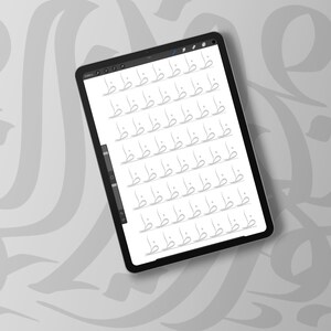 May include: A digital tablet displaying a grid of Arabic calligraphy characters in a light gray color. The tablet is black and angled, set against a light gray background with a subtle, abstract pattern.