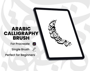May include: A black tablet displays Arabic calligraphy in black ink against a white background. The tablet is angled, with the text "ARABIC CALLIGRAPHY BRUSH" and other details in black. The background features a subtle, repeating calligraphy design.