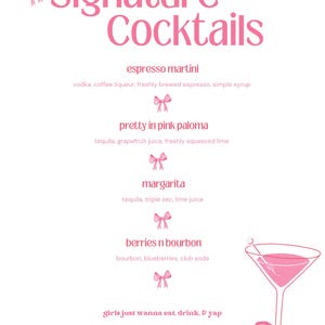 Menu de coquetéis Pink Bow Galentines
