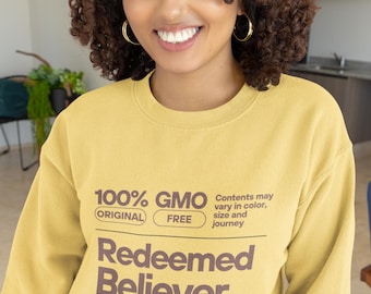 Redeemed Believer Sweatshirt, Religious Sweatshirt, Christian Apparel, Women Faith Shirt, Inspirational Gift, Nutrition Facts, Butter Yellow