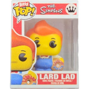May include: A Bitty Pop! vinyl figure of Lard Lad from The Simpsons. The figure has a yellow face, orange hair, and blue overalls, holding a donut. The packaging is red and white, with the words "Lard Lad" and "The Simpsons".
