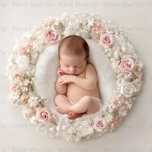 Digital Backdrop, Newborn Digital Background, Pink White Newborn Backdrop, Floral Wreath, Newborn Floral, Wreath Prop, Floral Wreath 3