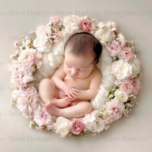 Digital Backdrop, Newborn Digital Background, Pink White Newborn Backdrop, Floral Wreath, Newborn Floral, Wreath Prop, Floral Wreath 1