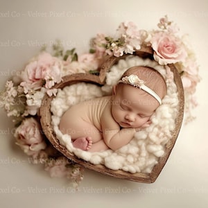 Fondo digital para recién nacidos, cuenco de madera con forma de corazón, accesorio de fotografía digital para recién nacidos, fondo para recién nacidos con cuenco de madera con forma de corazón, día de San Valentín, cuenco de madera con forma de corazón 1