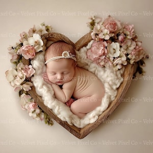 Fondo digital para recién nacidos, cuenco de madera con forma de corazón, accesorio de fotografía digital para recién nacidos, fondo para recién nacidos con cuenco de madera con forma de corazón, día de San Valentín, cuenco de madera con forma de corazón 2