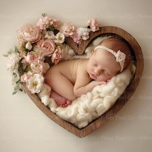 Fondo digital para recién nacidos, cuenco de madera con forma de corazón, accesorio de fotografía digital para recién nacidos, fondo para recién nacidos con cuenco de madera con forma de corazón, día de San Valentín, cuenco de madera con forma de corazón 3