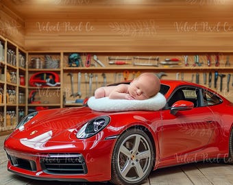 Newborn Digital Background, Newborn Car Backdrop, Baby Boy Background, Digital Car Photography Prop, Creative Composite, Newborn Porsche 1