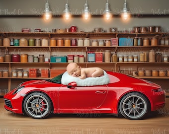 Newborn Digital Background, Newborn Car Backdrop, Baby Boy Background, Digital Car Photography Prop, Creative Composite, Newborn Porsche 4