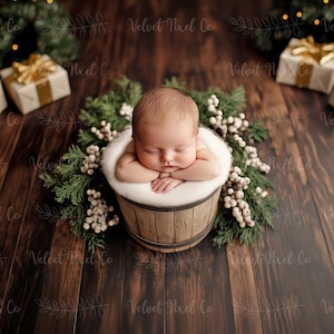 Christmas Newborn Digital Backdrop, Bucket Photography Prop, Digital Santa Backdrop, Festive Baby Background, Photoshop Composite Overlay