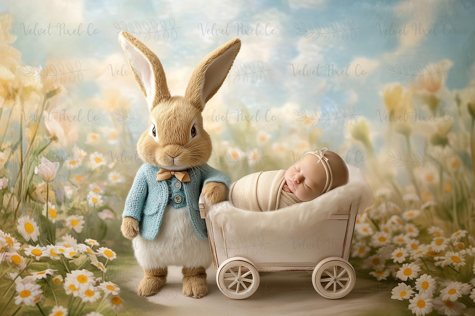 Cenário digital para recém-nascidos, fundo de Páscoa para recém-nascidos, carrinho de coelho, sobreposição composta do Photoshop, suporte para fotos de recém-nascidos, carrinho de coelho da Páscoa 2