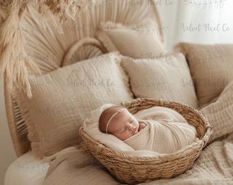 Newborn Digital Backdrop, Newborn Photography Prop, Baby Photography Background, Boho Newborn Basket, Photoshop Overlays, Instant Download