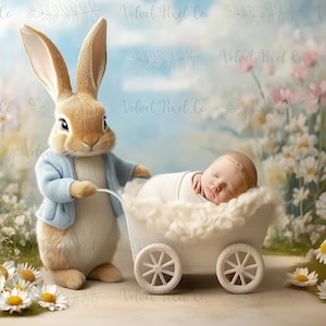 Newborn Digital Backdrop, Easter Newborn Background, Bunny Rabbit Cart, Photoshop Composite Overlay, Newborn Photo Prop, Easter Bunny Cart 1