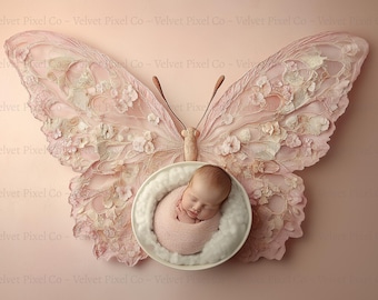 Fondo digital para recién nacidos, fondo para recién nacidos con alas de mariposa, superposición floral de mariposas para Photoshop, accesorio para fotografía compuesta, mariposa 7