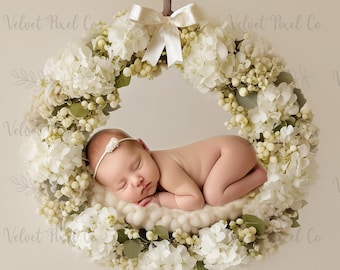 Fondo digital floral para recién nacidos, fondo digital para niña, fondo floral para fotografía, accesorio fotográfico para recién nacidos, fondo con corona colgante