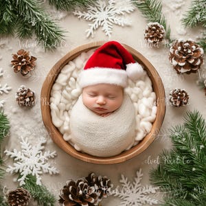 Newborn Christmas Digital Backdrop, Festive Newborn Christmas Background, Photoshop Overlay, Newborn Photography Prop, Christmas Bowl 2