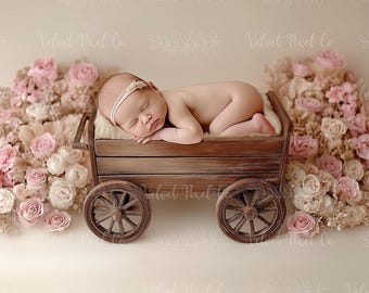 Newborn Digital Backdrop, Newborn Floral Wooden Cart Background, Princess Floral Cart, Photoshop Composite, Holiday Backdrop, Floral Cart 3