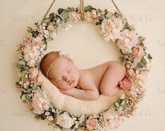 Fondo digital floral para recién nacidos, fondo digital para niña, fondo floral para fotografía, accesorio fotográfico para recién nacidos, fondo con corona floral