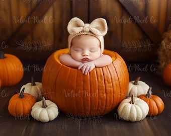 May include: A baby wearing a beige bow hat rests inside a large orange pumpkin. Small white and orange pumpkins surround the large pumpkin on a dark wooden surface. The background is a wooden door.